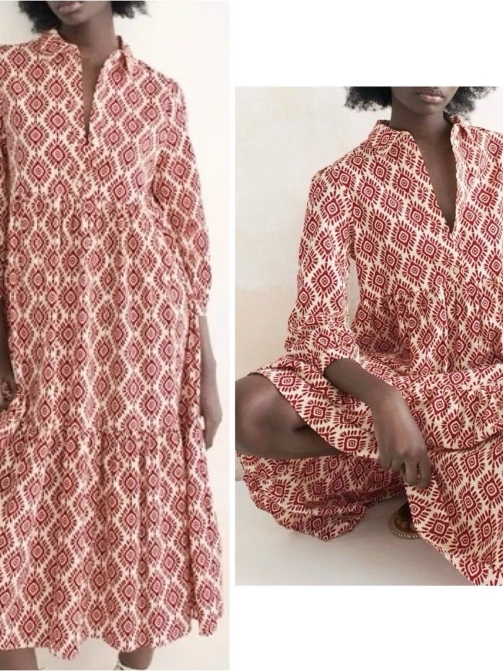 Zara Red Geo Print Tiered Cotton Dress - Women's